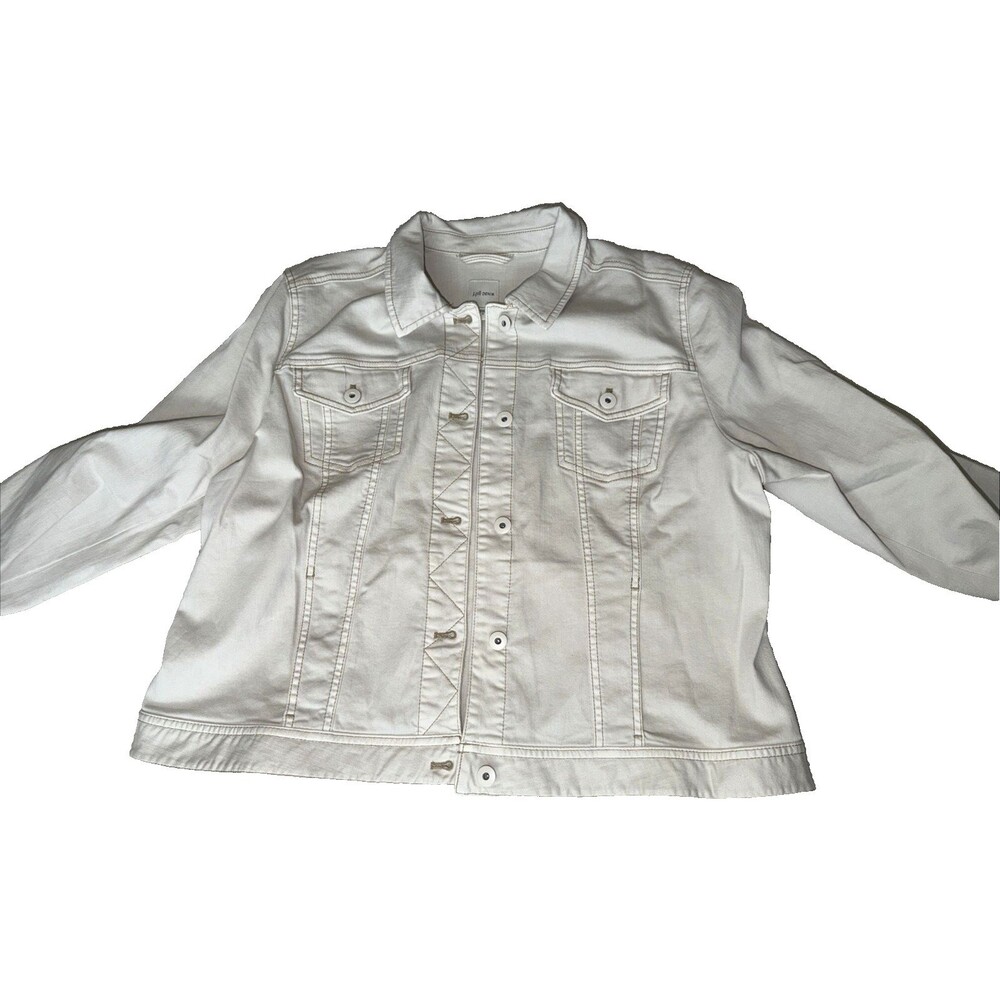 J. Jill Denim Jean Jacket Size L Long Sleeve Button White Pockets Stretch
